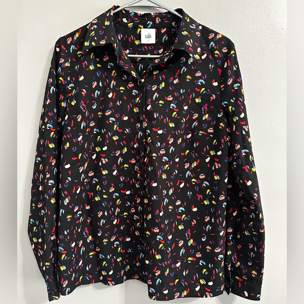 CAbi Black Colorful Print Blouse Button Down Long Sleeve Size Small